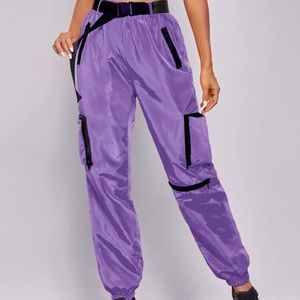 SHEIN Zipper Patch Pocket Push Buckle Belted Wind Joggers